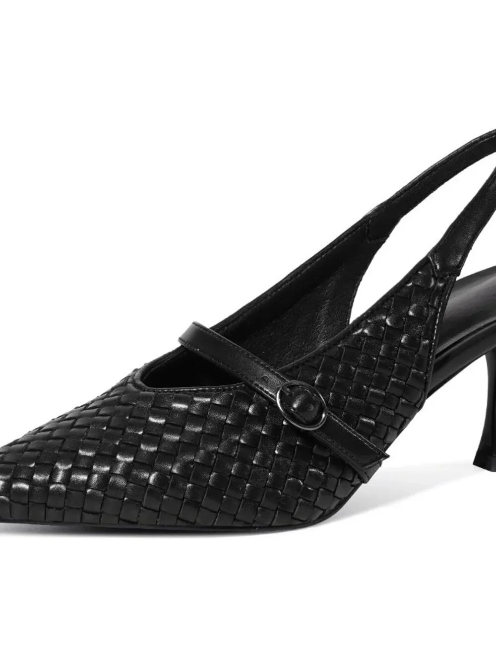 Women's Black Slingback Stiletto Heels Closed Pointed Toe Buckle Strap Shoes